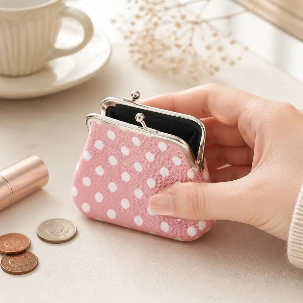 Kiss Lock Closure Polka Dot Coin Purse Compact Lightweight Travel Cosmetic Bag Multifunctional Square Shape