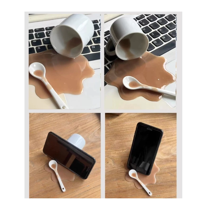 Weird Stuff Creative Spilled Coffee Shape Phone Stand Funny Novelty Desktop Ornament Gag Gift For Desk Home Tabletop Decoration