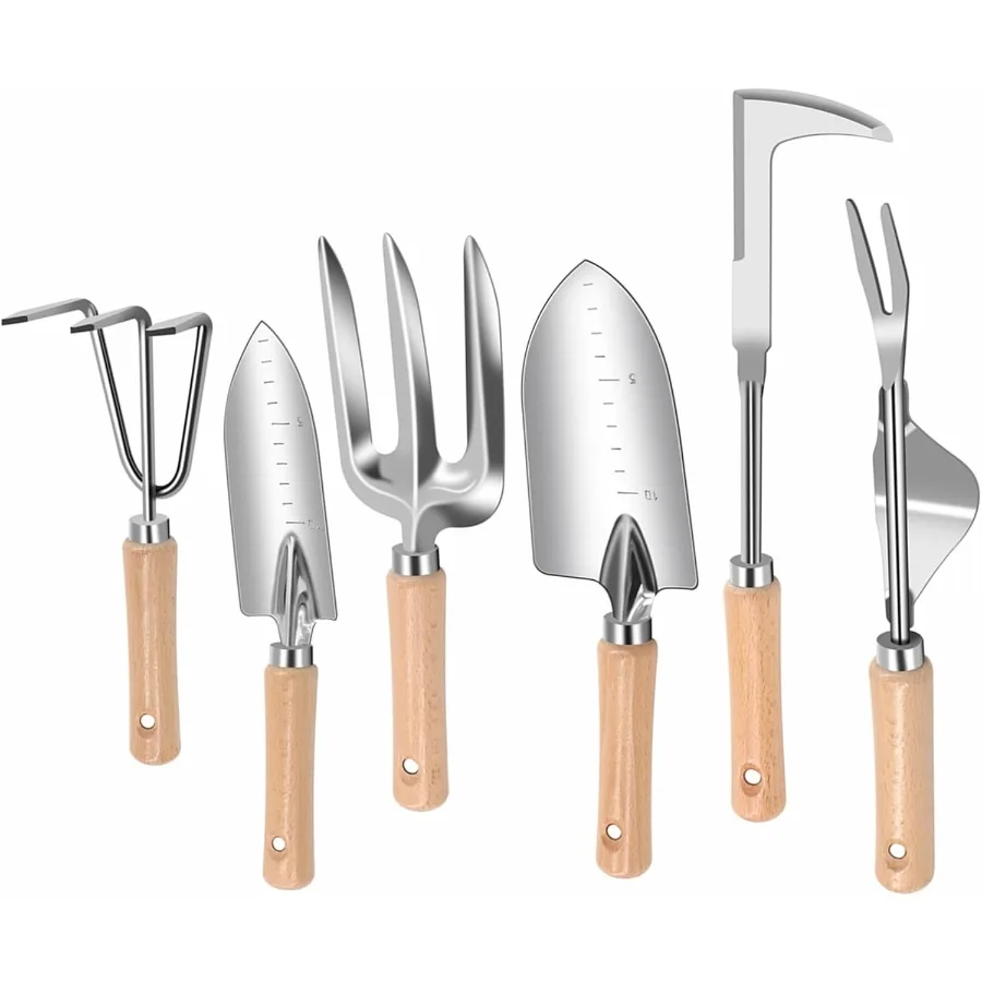 

6Piece Stainless Steel Heavy Duty Weeding Tool Set with Ergonomic Wooden Handle for Garden Maintenance Effective Weed Puller an