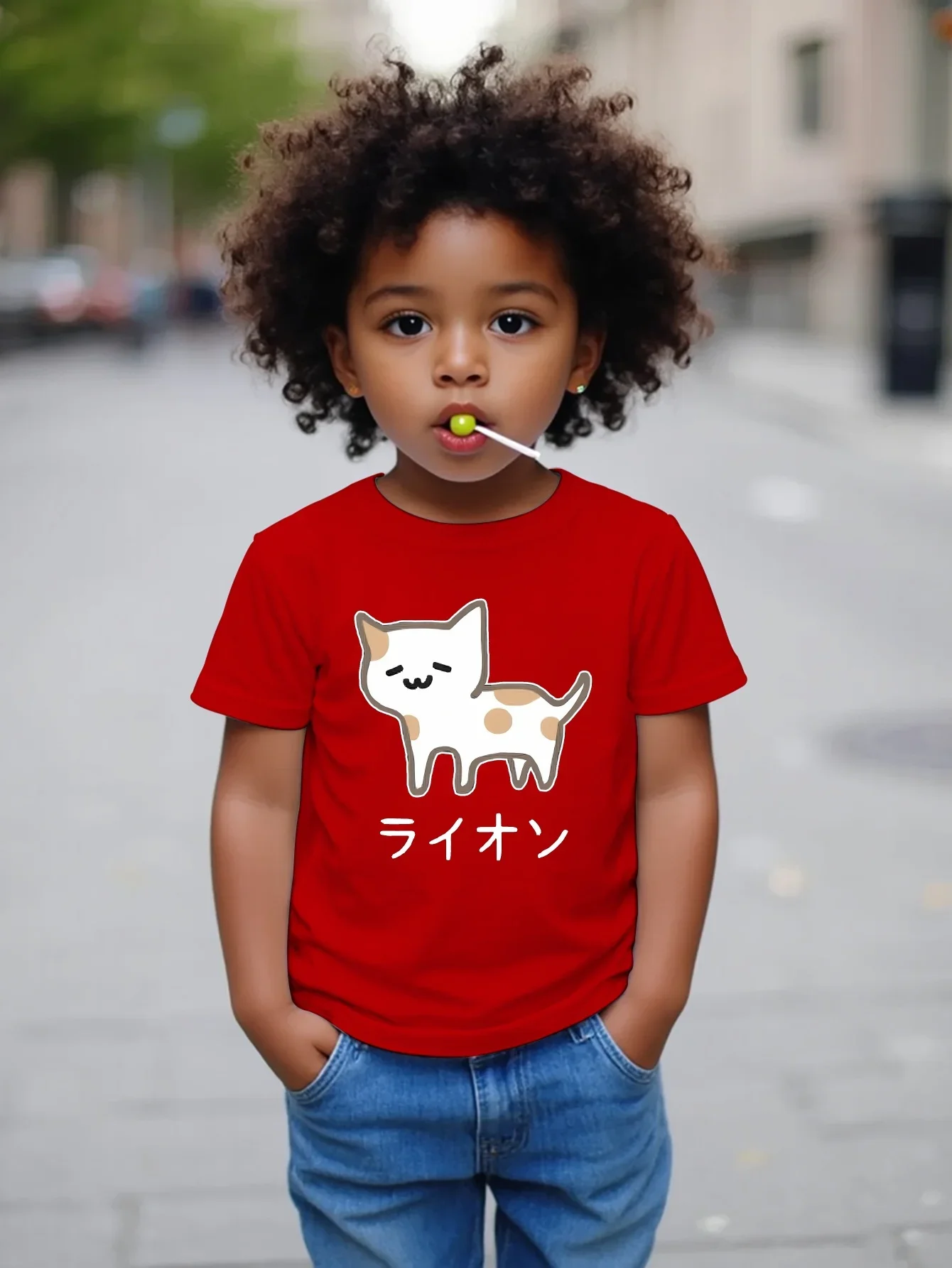 Toddler Boys Anime Style Cat Printed T Shirt Adorable Spotted Kitten And Japanese Character Pattern Short Sleeve Casual Tee