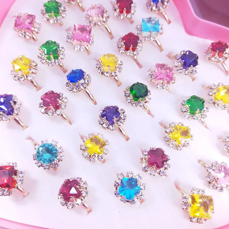 36pc Shiny Adjustable Children\'s Cartoon Rings Candy Crystal Star Flower Shape Ring Mix Finger Jewellery Rings Kid Girls