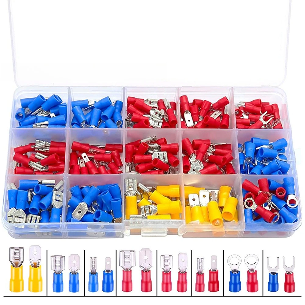 300Pcs Cold Crimp Terminal Kit, Pre-insulated Spade RV SV European Wire Connectors for Electrical Projects
