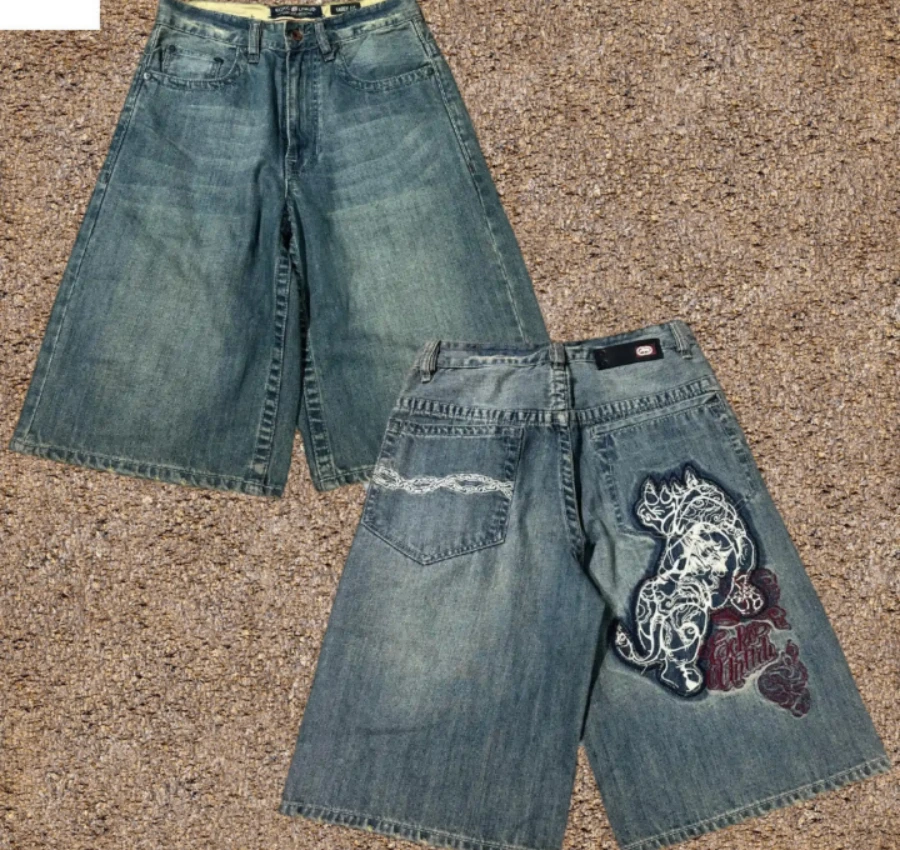 Shorts jeans de cintura alta com padrão tigre, azul retrô, calças largas, estilo hip-hop americano, calção casual de basquete Y2k, novo