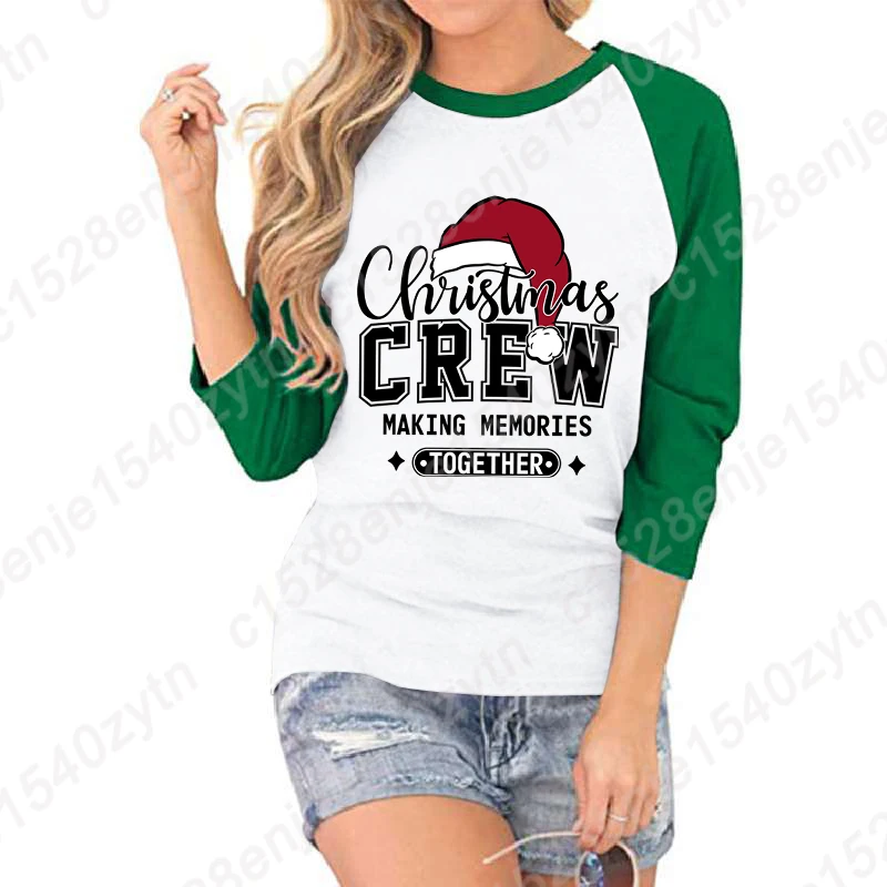 

Christmas Crew Making Memories Together Print Three Quarter Sleeves Shirt Women Summer Seven Sleeves Shirt Round Neck Tee Shirts