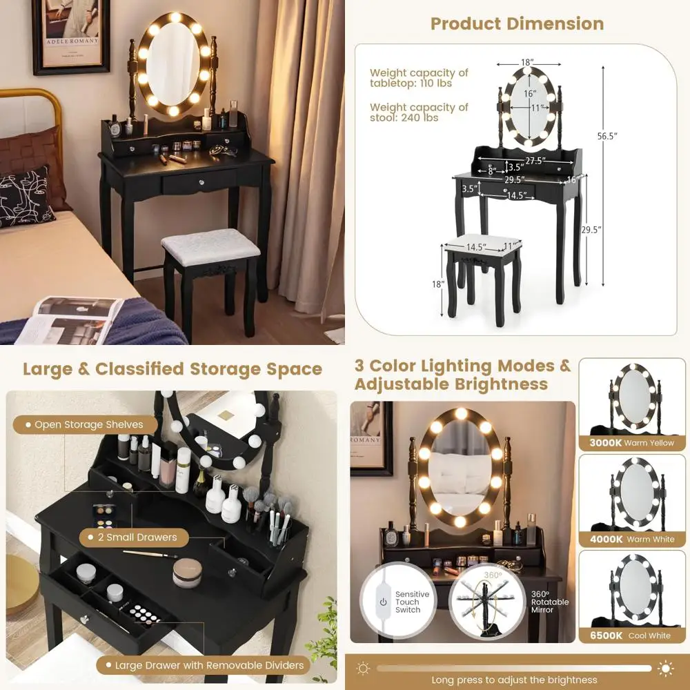 Modern Makeup Vanity Desk with Adjustable Lighted Mirror and 3 Lighting Modes