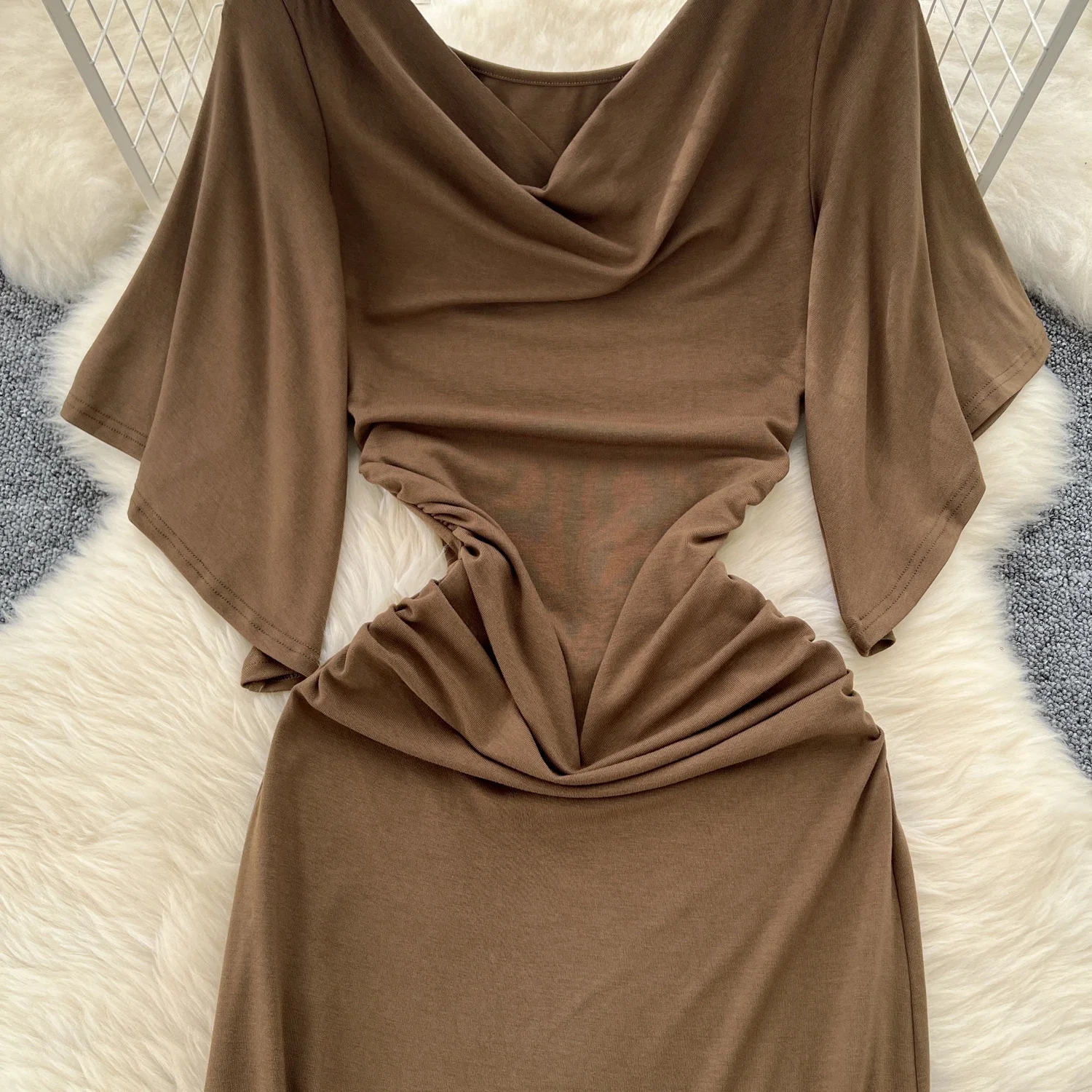 Elegant Vintage Swinging Collar Chic Short Flare Sleeve Slim Pleated Dresses Women Korean Evening High Street Summer Clothing