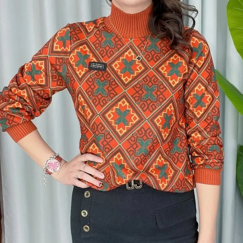 Women's Printed Vintage Thick Long Sleeve Tops 2023 Autumn Winter Fashion Korean Half High Collar Casual Warm T-shirt Pullovers