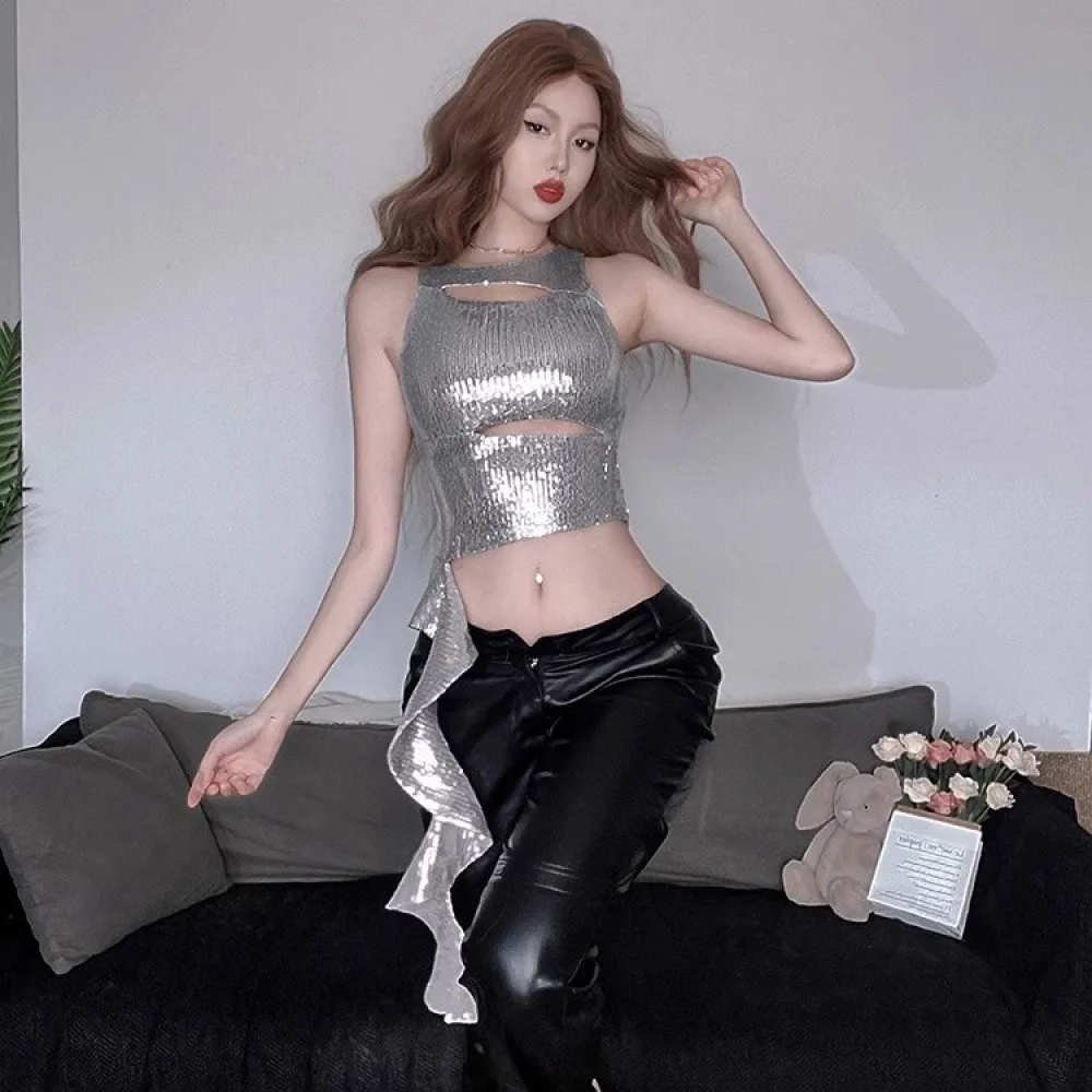 SylCue Irregular Hollow Tank Tops Woman 2026 Spring New Style o-Neck Ruffles Tassel Navel Exposed Hot Girls Sexy Fashion Vests