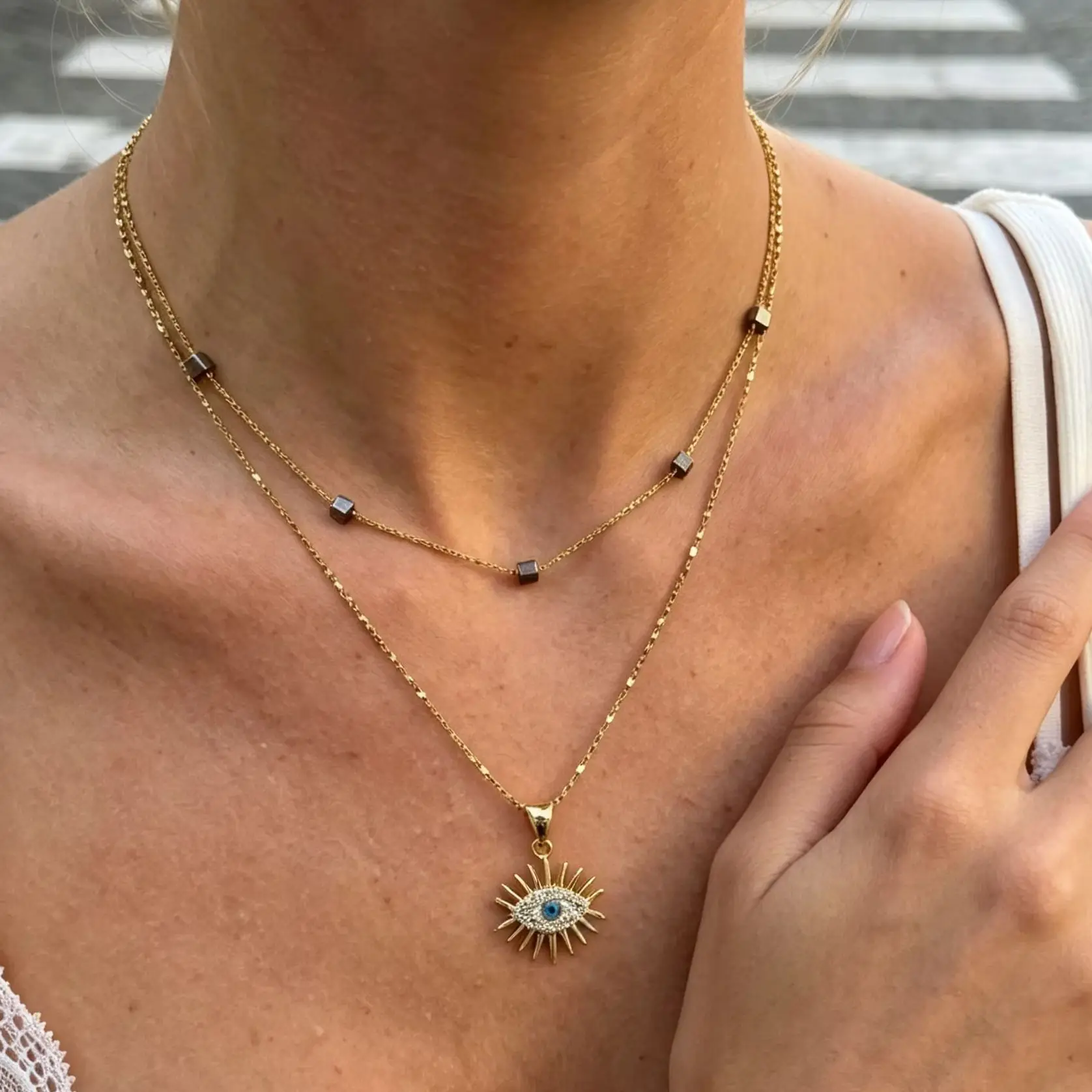 

Bohemian Style Stainless Steel Evil Eye Pendant Necklace for Women Elegant Zirconia Stacking Party Jewelry Gift