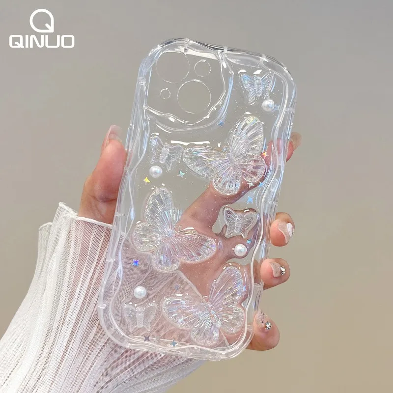 حافظة شفافة لامعة كريستالية ثلاثية الأبعاد لهاتف آيفون 15 14 Plus 13 12 11 Pro Max X XR XS Max غطاء موجة لؤلؤي على شكل نجمة لامعة