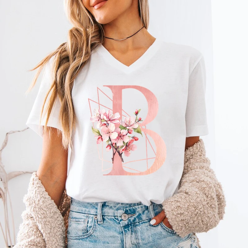 A-Z 26 Alphabet Women's V-Neck T-Shirt Pink Sakura Letter B Graphic T Shirts Women Letters ABCD Casual Tees Fashion Y2K Tops
