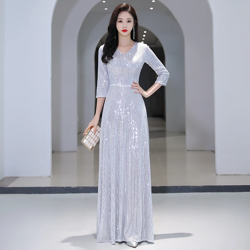 Silver Sequin Evening Dresses Long Elegant V-Neck Floor-Legnth A-Line Women Formal Gowns With 3/4 Sleeves