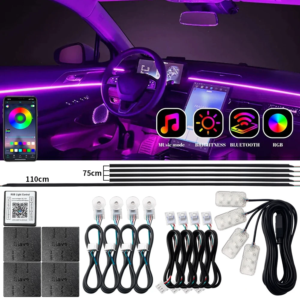 14 in 1 18 in 1 Dual Zone Car Ambient Light RGB 64 Colors Interior Acrylic Strip Lights Dual Control Touch/Bluetooth App Control