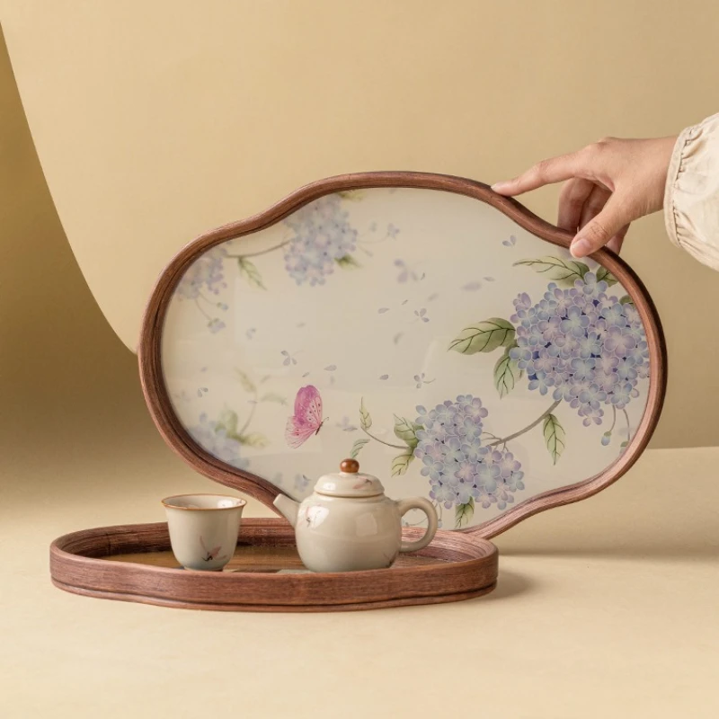 

Бамбуковый и деревянный поднос для чая для домашнего использования, китайский винтажный стеклянный поднос для гортензии, поднос для хранения чайного сервиза