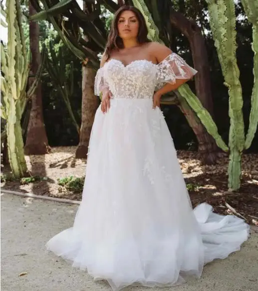 Backless Plus Size Wedding Dresses A-line Off The Shoulder Tulle Appliques Boho Wedding Gown Bridal Dresses Vestidos De Novia