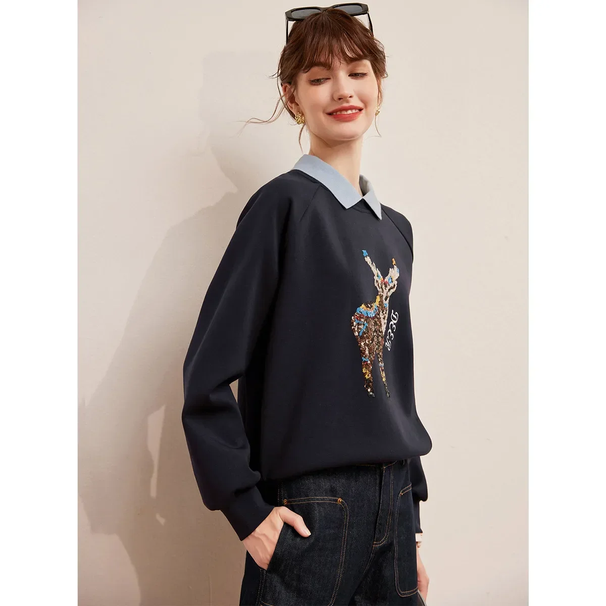 LOUIS YAO 2024 Fashion Craft Sequin Embroidery Long Sleeved Women's Hoodie Design Sense Contrasting Color Splicing Lapel Hoodie