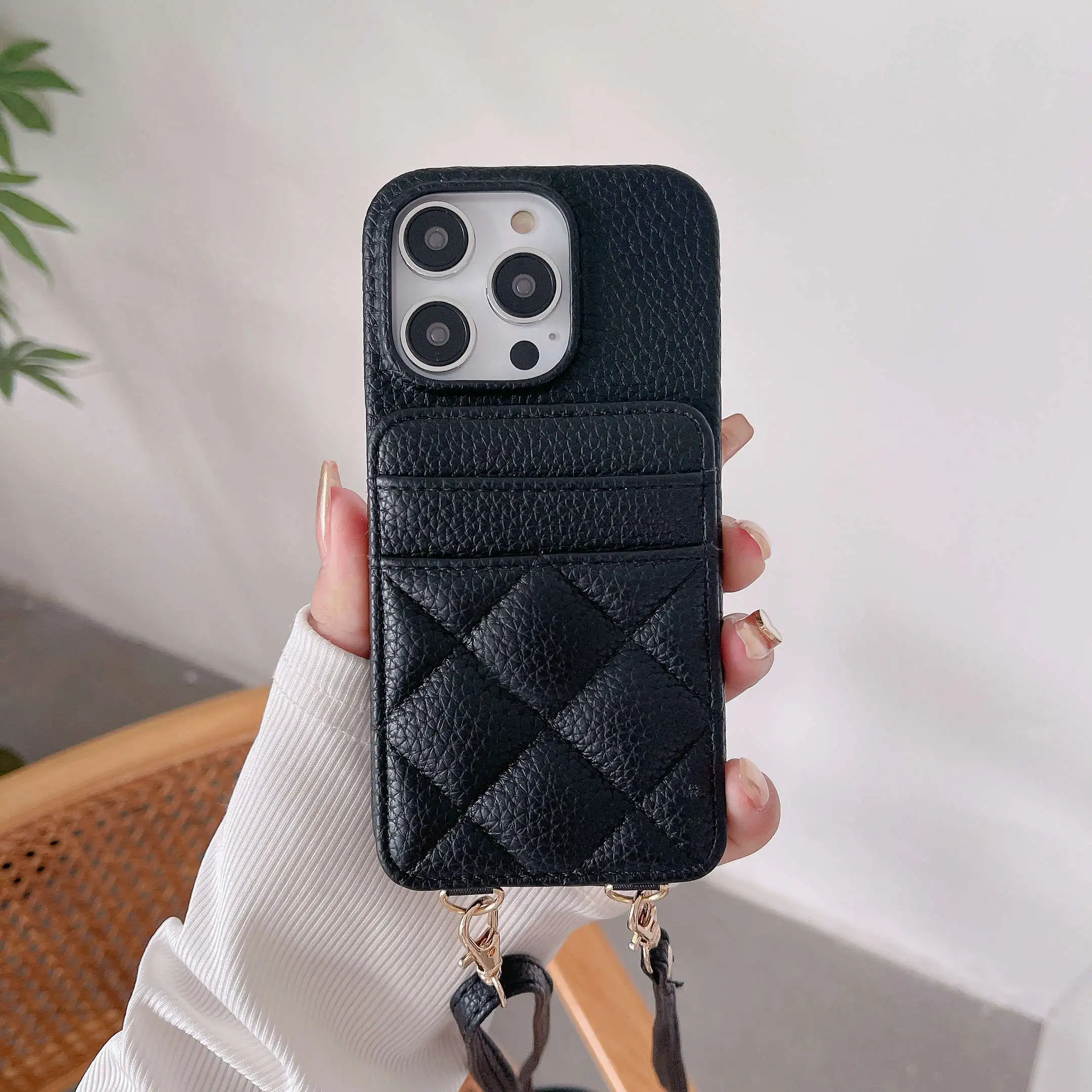 Creative The Back Insert Card Phone Case For iPhone 14 Plus 13 12 11 Pro Max Removable Shoulder Strap Leather Phone Cover