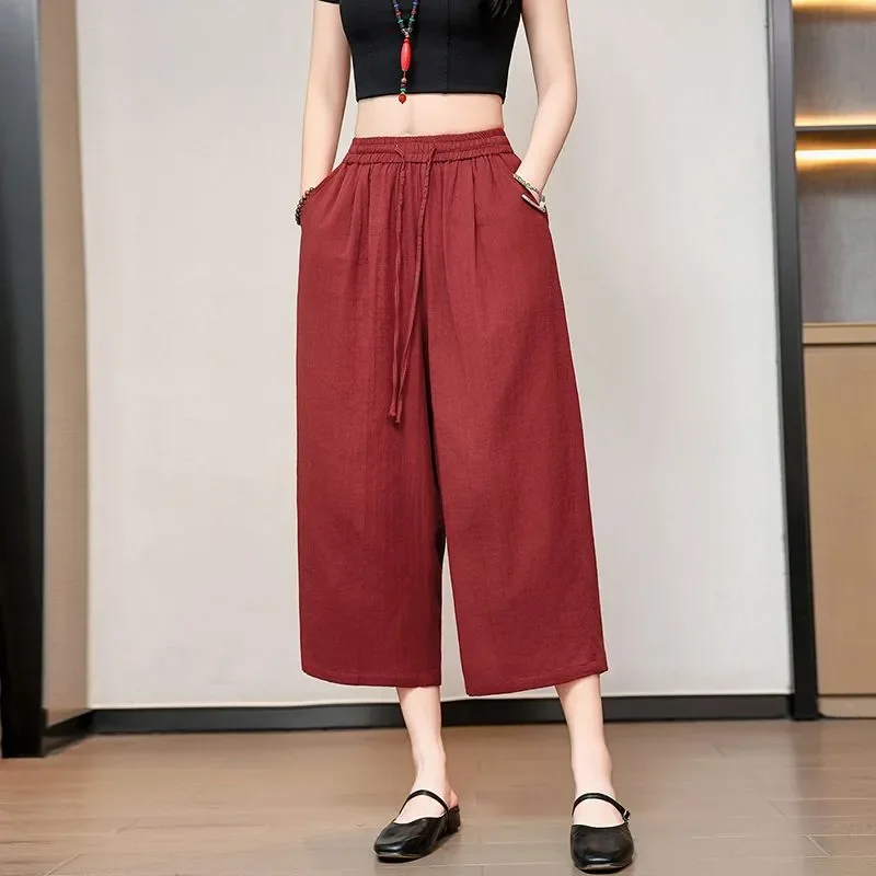 Women Summer Thin Linen Drawstring Elastic Waist Cropped Wide Leg Pants Loose Casual Trousers S-3XL