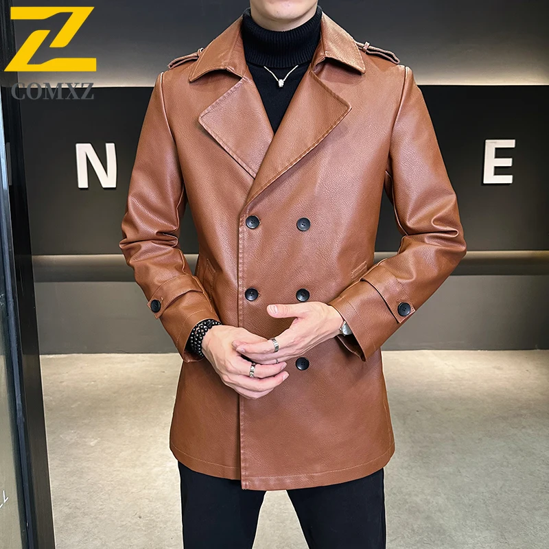 COMXZ جديد رجل سترة جلدية جديد الحد الأدنى العصرية السفر الجلود خندق معطف منتصف طول الأعمال ملابس خارجية قسط غير رسمية #5