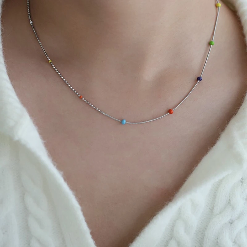 Dopamine Colorful Beaded Spliced Beads Chain Necklace for Women 18K Gold Plated Stainless Steel Stackable Choker Collar Gift