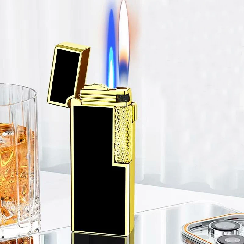 Dual Flame Inflatable Lighter Classic Side Pulley Open Flame Switching Jet Flame Fuel Tank Perspective New Narrow Version