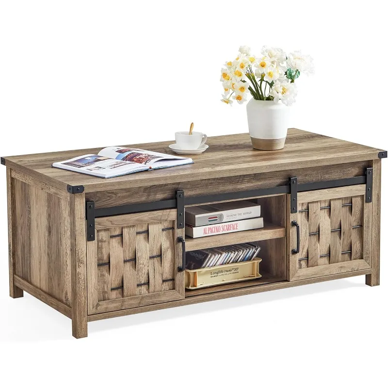 

Журнальный столик 47 дюймов с раздвижными дверями для хранения и раздвижными двери сарая, фермерский дом и промышленный коктейльный столик с регулируемыми полками, прямо