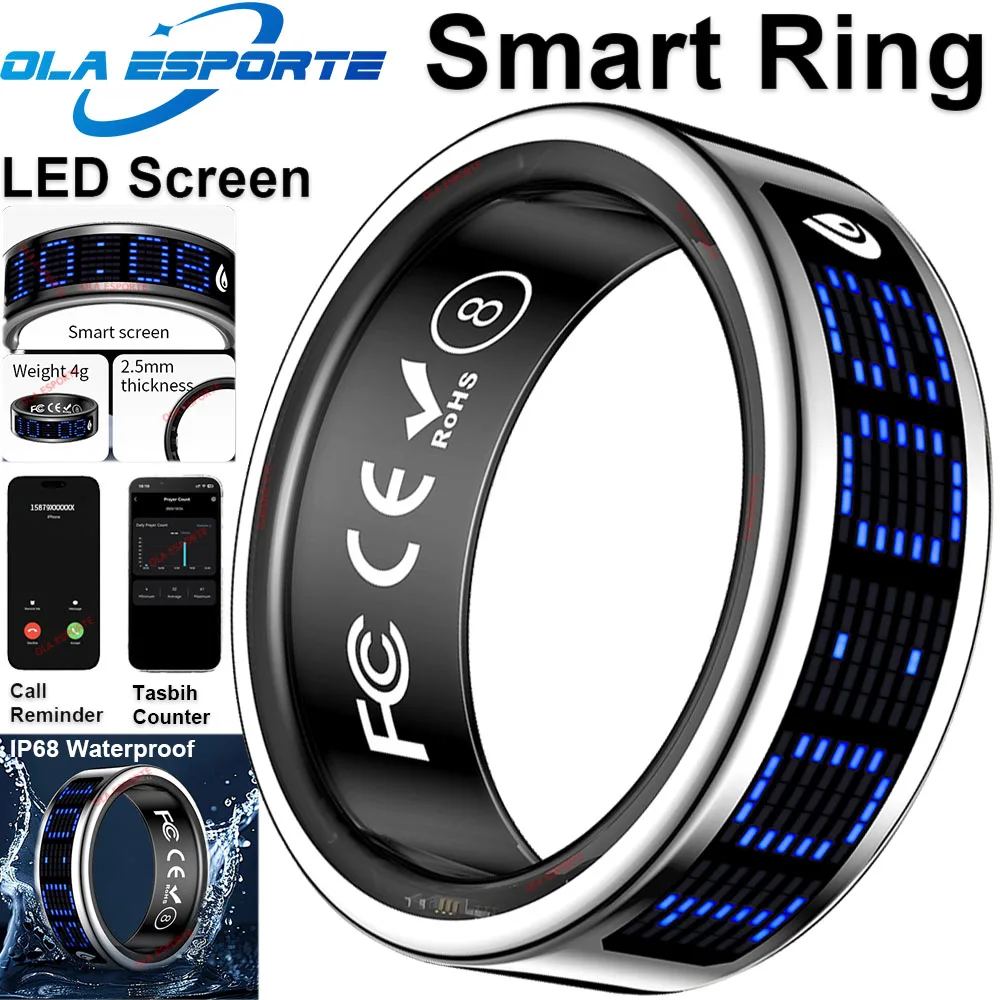 

Smart Ring Call Reminder With LED Screen Health Monitoring Blood Oxygen Sleep Heart Rate Multi-sports Modes IP68 5ATM Waterproof