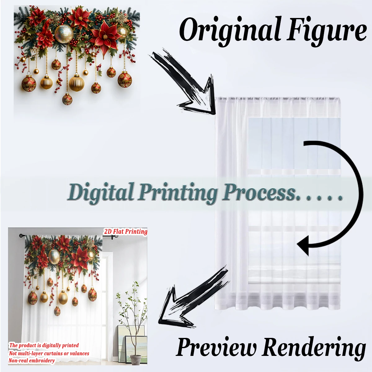 ستارة شفافة مطبوعة مسطحة لعيد الميلاد مع حلي عيد الميلاد، بونسيتة، توت هولي، لديكور نوافذ باب المنزل لعيد الميلاد