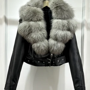 Real Fox Fur Collar معطف قصير من الجلد الصناعي للنساء PU سترة جلدية سحاب عصابات طبيعية خريف شتاء جديد 2024 أعلى 8 مبيعات معطف فرو الثعلب الحقيقي - No2