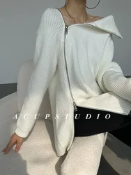 Suéteres de cuello alto con cremallera para mujer, suéter largo de punto, suelto, blanco, otoño e invierno, 2024