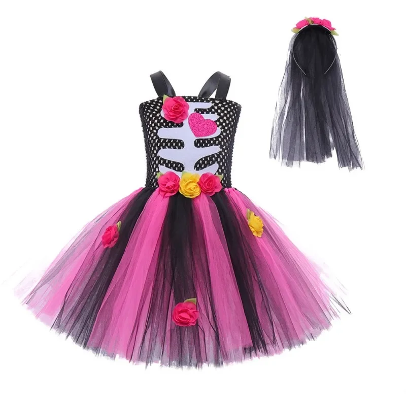 Scary Skeleton Halloween Costumes for Girls Kids Zombie Bride Fancy Dress Party Tutu Outfit Toddlers Children Cosplay Ball Gown