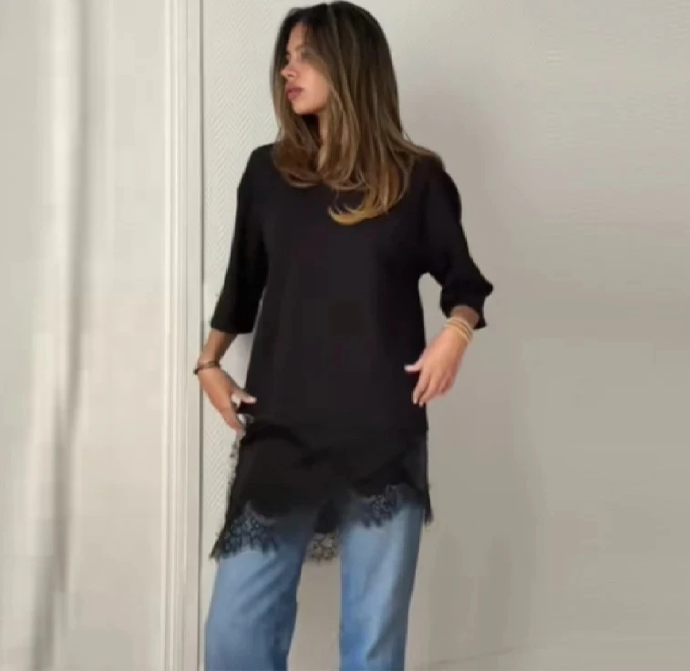 

Casual Basic Women's Tops Solid Lace Irregular Hem Patchowork Half Sleeve Pullovers Round Neck Shirts 2025 New Classic Lady Top