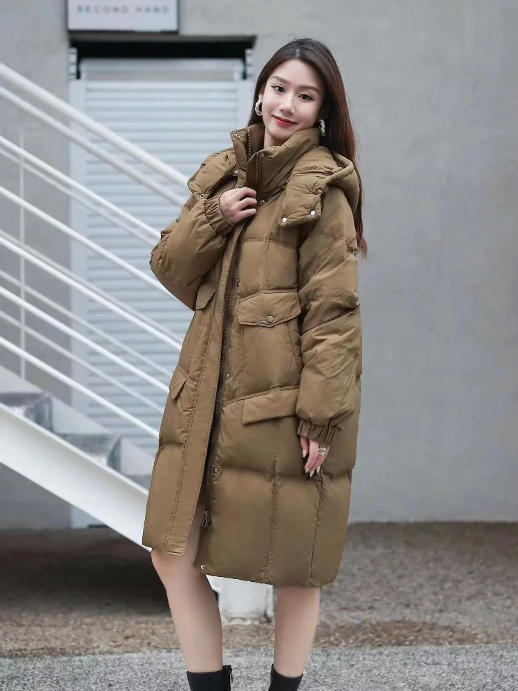 New Winter Women\'s Jackets 2024 White Duck Down Long Down Coats Fashion Hooded Knee-length Thickening Loose Casual Warm Overcoat