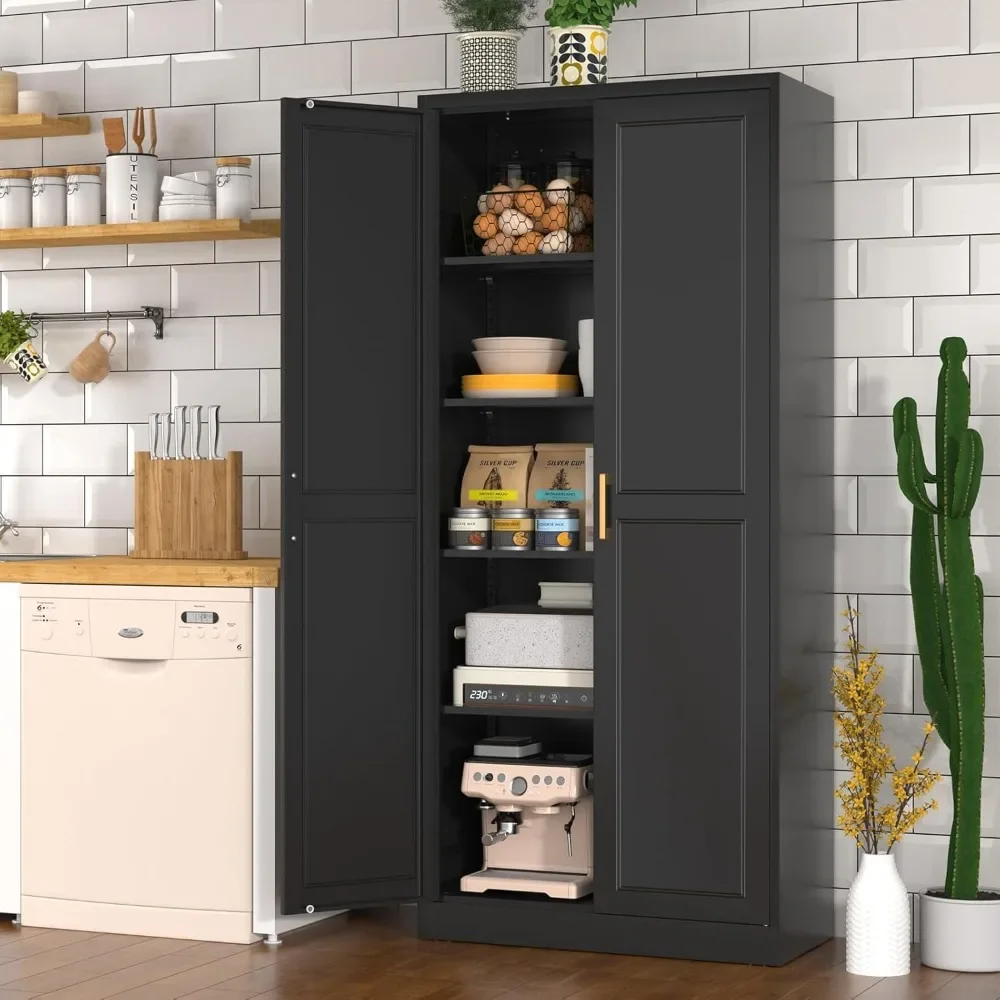 

71" Tall Metal Kitchen Cabinet, Freestanding Storage with Doors & Adjustable Shelves, Black Food Cupboard (Assembly Required)