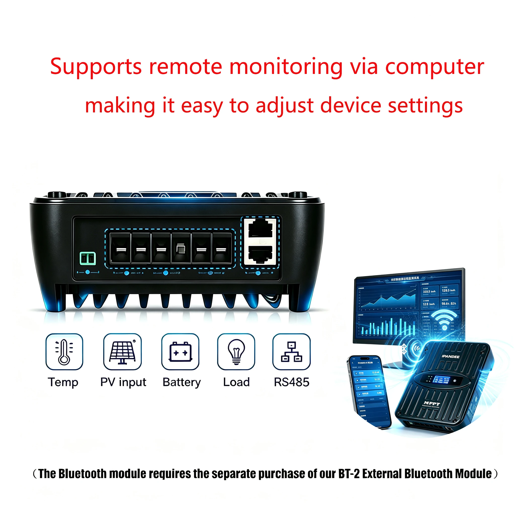 US Stock Ipandee 12V/24V Auto, 60A 150V MPPT Solar Charge Controller, Smart Solar Charger APP PC Monitoring for Lead-acid, AGM, Gel, Lithium Ect Fast Shipping