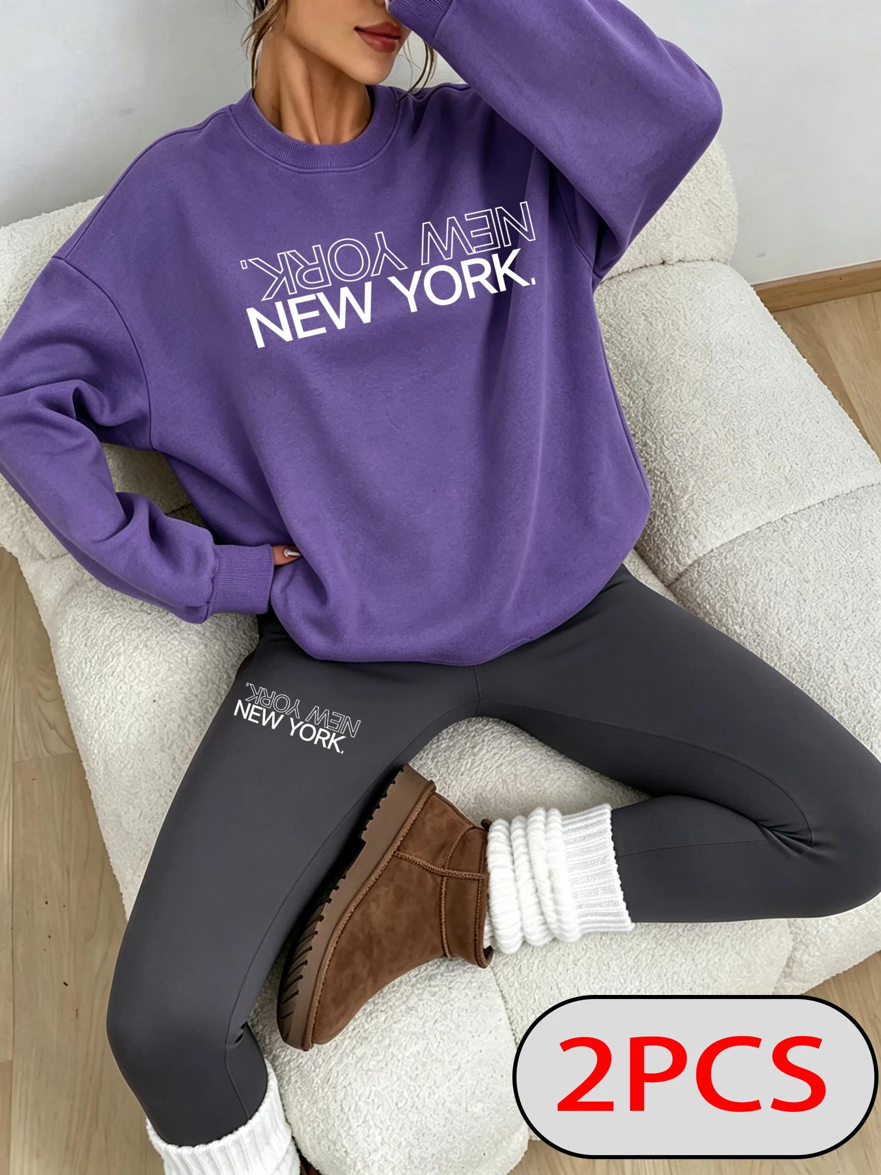 About New York City Print Women'S Y2K Sweatshirt Set Crewneck Warm Pullovers Casual Korean Pants Autumn Fleece Leggings Sets