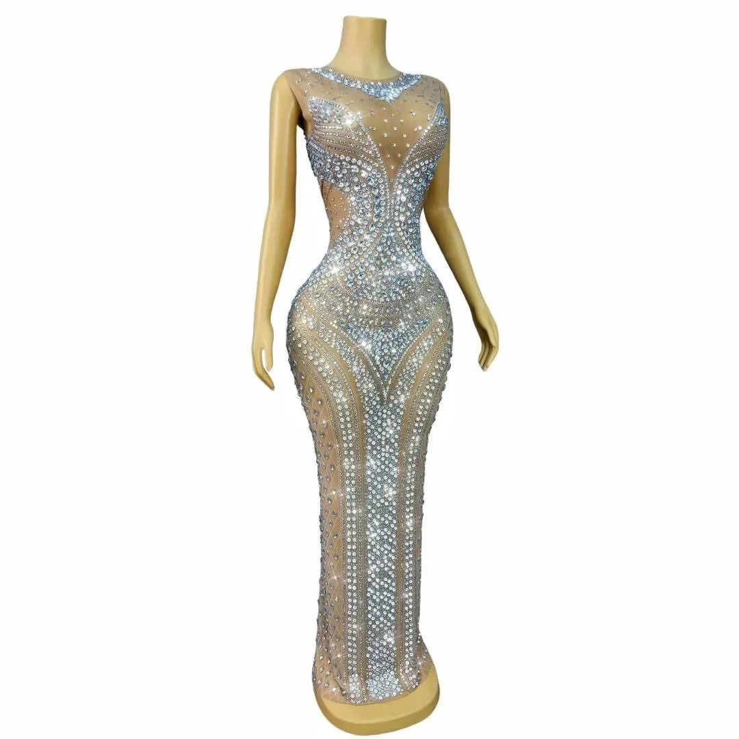 럭셔리한 반짝이 라인스톤 우아한 트림 핏 메쉬 드레스 여성 생일 이브닝 웨딩 프롬 가운 레드 카펫 촬영 무대 의상