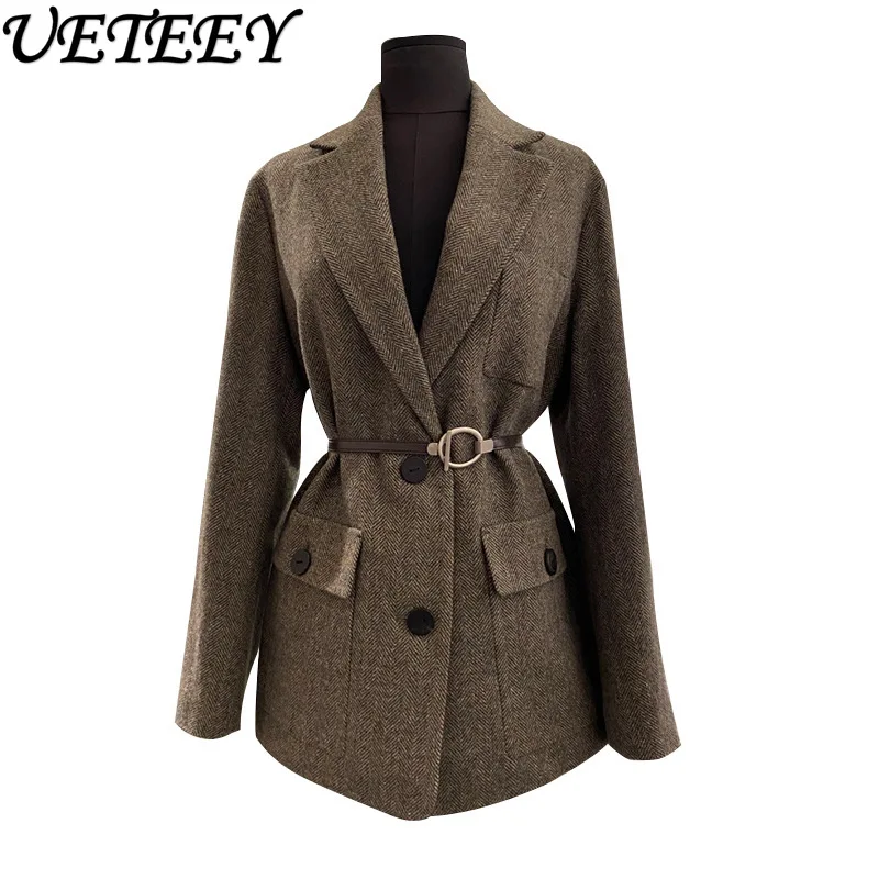 Autumn and Winter New Korean Style Loose Herringbone Pattern Woolen Blazer Jacket Women\'s Retro Fashion Long Sleeve Suit Coat