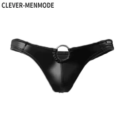 CLEVER-MENMODE Men Underwear Faux Leather Briefs G-string Thong Sexy Erotic Lingerie T-back Penis Pouch Bikini Metal Ring Homme