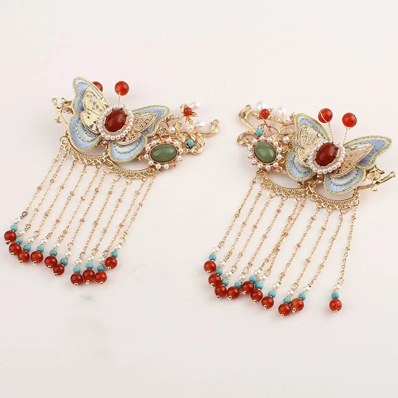 

Hanfu Clip Headgear Retro Style Red Hair Accessories Fringed Embroidered Hairpin National Style Accessories