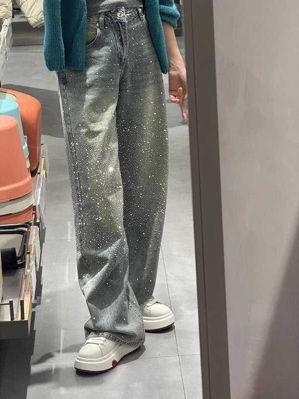 

Джинсы женские прямого кроя с низкой посадкой, обильно украшенные стразами, свободного кроя, с блестящим дизайном, повседневные, осенние, модные