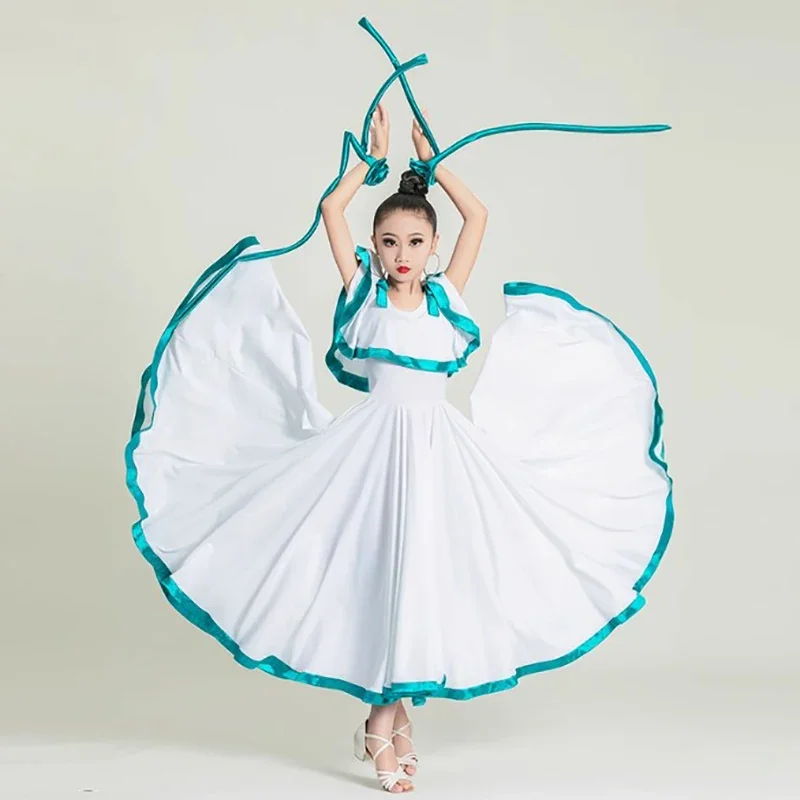 فستان رقص لقاعة الرقص على الكتف للأطفال البنات، ملابس رقص حديثة، أزياء تنورة الفالس الاجتماعية الكبيرة على شكل هيكل السمكة