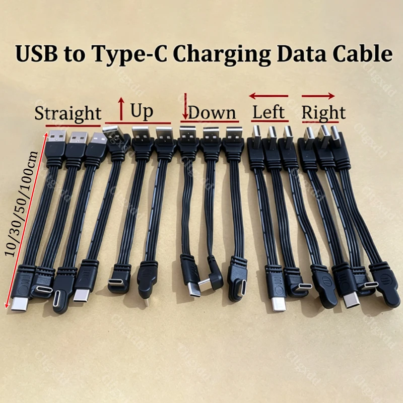 Cltgxdd 1PCS USB A To Type-C Fast Charging Data Cable Straight/Up/Down/Left/Right Angled Flat Silicone Soft Wire 10/30/50/100cm