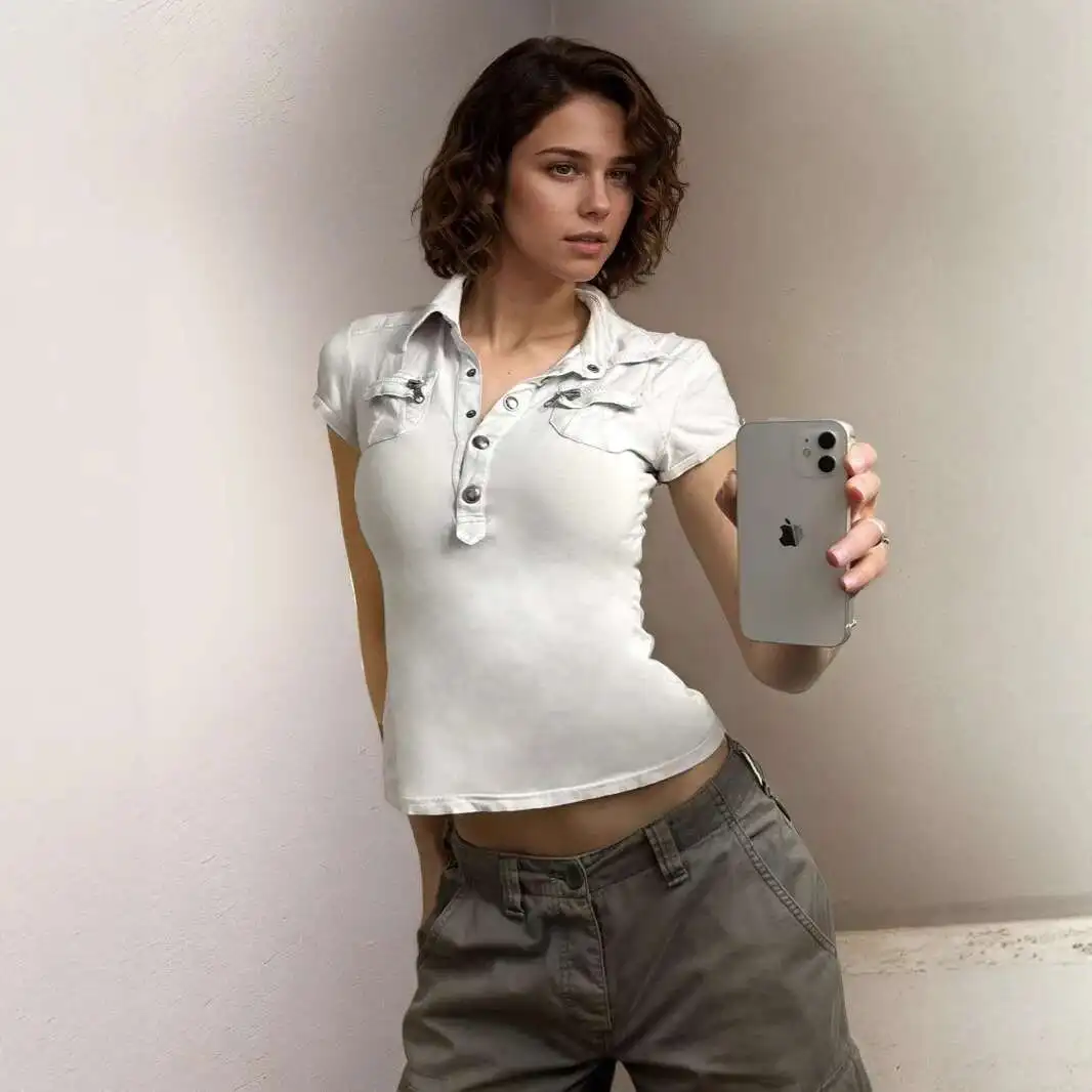 Women Pocket T-shirt American Street Side Pockets Polo Collar Short Casual T-shirt Motorcycle Breasted Workwear Jacket