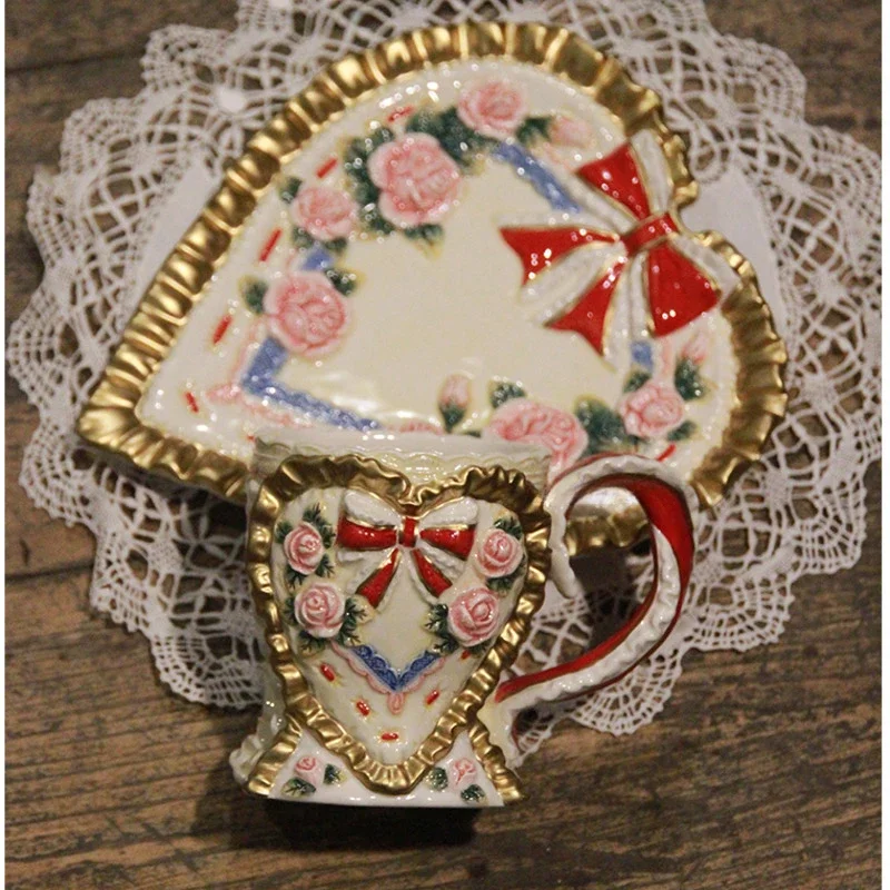 Ins Vintage Ceramic Coffee Cup, Red Bow Cappuccino Cup, Lace Gold Edge Dessert Tray, Rose Relief Espresso Cup