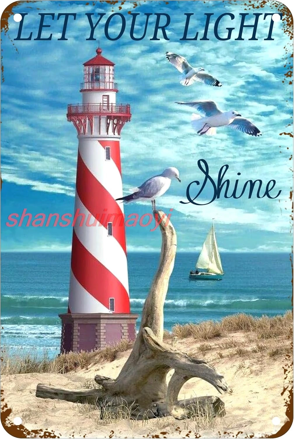 shan tal Sign Let Your Light Shine Summer Beach Coastal Lighthouse Wall Art Coffee Tin Signs Vintage Bathroom Kitchen Wal 1pc