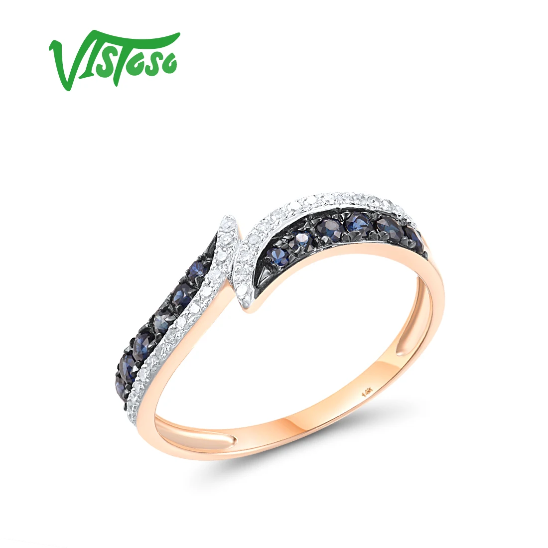 

VISTOSO Authentic 14K 585 Rose Gold Ring For Women Genuine Blue Sapphire And Diamond Classic Party Fine Chic Delicate Jewelry