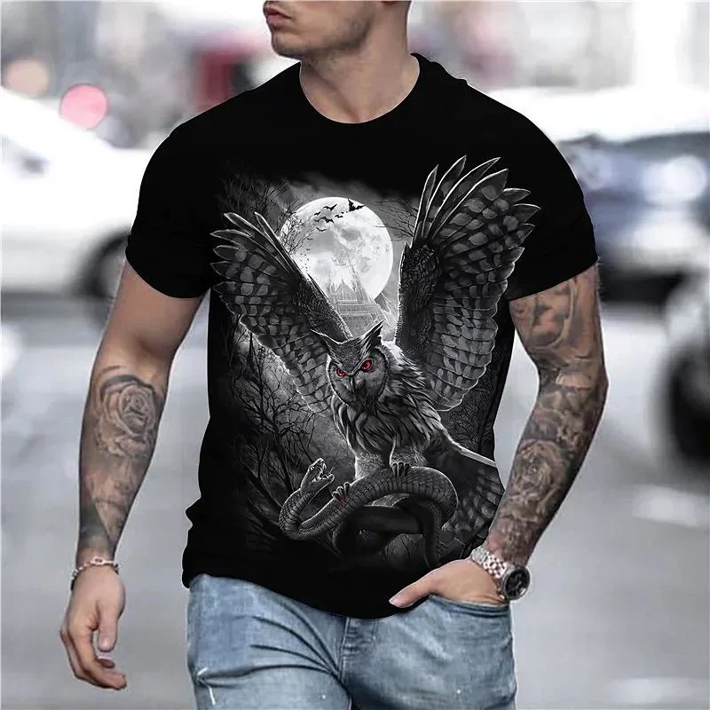 3D-gedrucktes cooles Eulen-T-Shirt für Herren, lustiges Tiermuster-T-Shirt, Sommer-Oversize-Rundhals-Oberteil, Kurzarm-T-Shirt, Streetwear