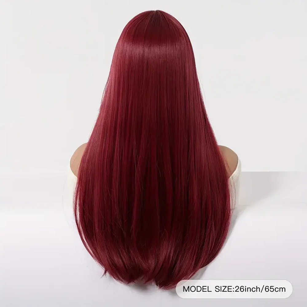 GEMMA Synthetic Wine Red Long Straight Hair Wig with Bangs Princess Cut Burgundy Cosplay Lolita Wigs for Women Heat Resistant