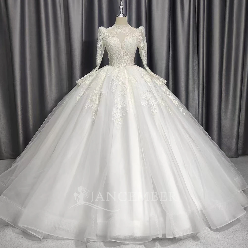

Customized 2025 High Neck Church Wedding Dress Lace Up Back Long Sleeve Robe Lace Bride Dress Ball Gown Women Vestidos de novia